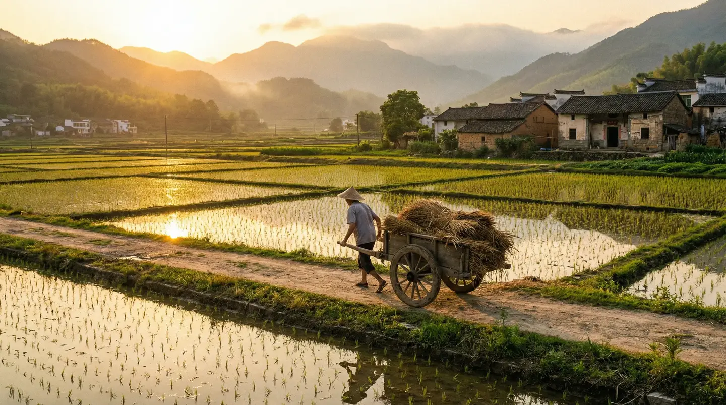 国产呦精品一区二区三区 - 金色夕阳下的乡村田野，老农推着木车行走在田埂上